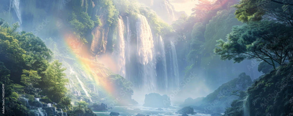 A majestic waterfall plunging into a misty gorge, with rainbows forming in the spray. A majestic waterfall plunging into a misty gorge, with rainbows forming in the spray.