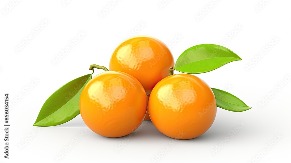 3D rendering of a group of three ripe and juicy oranges with green leaves, isolated on a white background. 3D rendering of a group of three ripe and juicy oranges with green leaves, isolated on a white background.