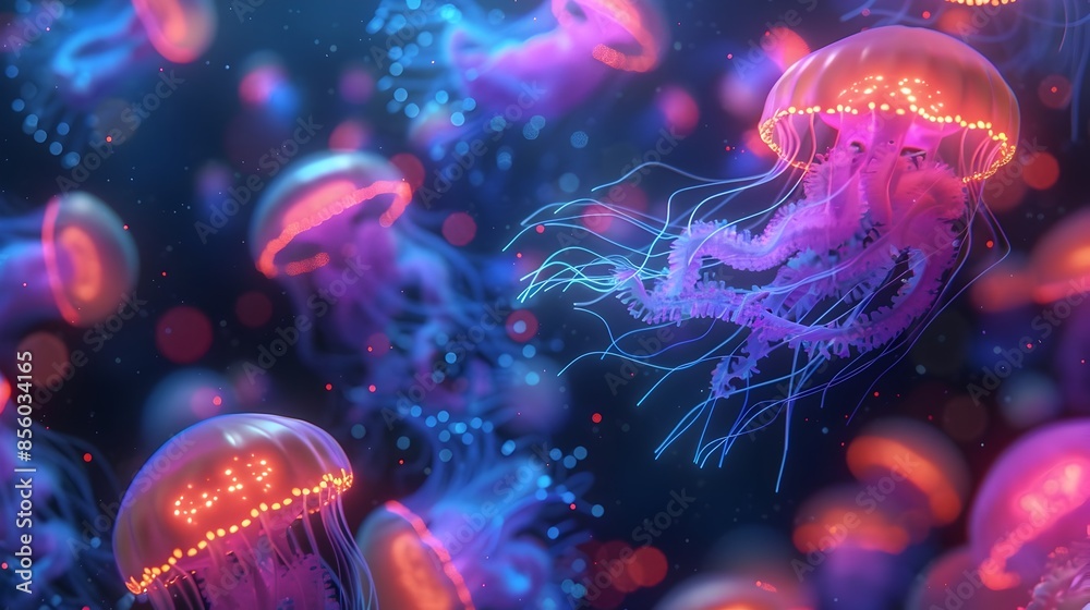 Naklejka premium Stunning 3D Rendering of Vibrant Bioluminescent Protozoans,Amoeba-Like Organisms,and Radiant Microscopic Jellyfish-Esque Creatures Floating in an Ethereal.