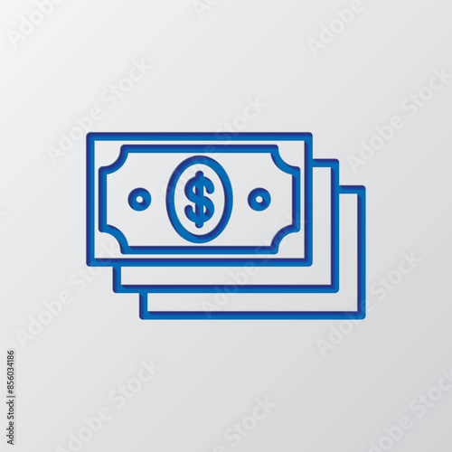 Dollars simple icon, vector. Flat design. Paper cut design. Cutted blue symbol with shadow. Gray background