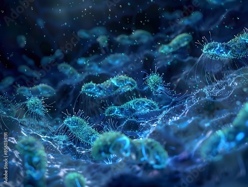 A cinematic time-lapse visualization of a mesmerizing,captivating swarm of luminescent,bioluminescent protozoans and single-celled creatures in an ethereal,underwater deep sea setting. photo