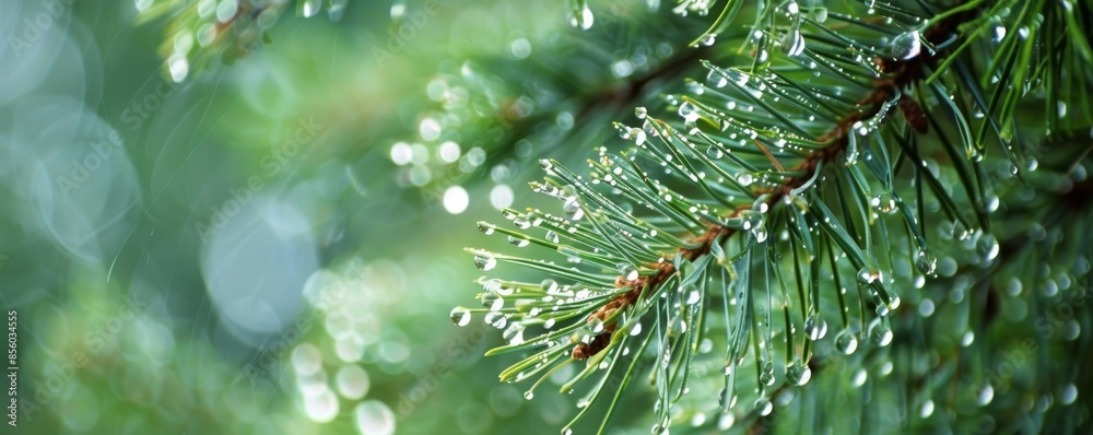 Fototapeta premium Pine branch with dew droplets in focus, close-up shot. Nature and freshness concept