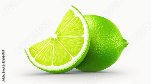 A fresh, green lime isolated on a white background. The lime is cut into two halves, with one half slightly offset from the other.