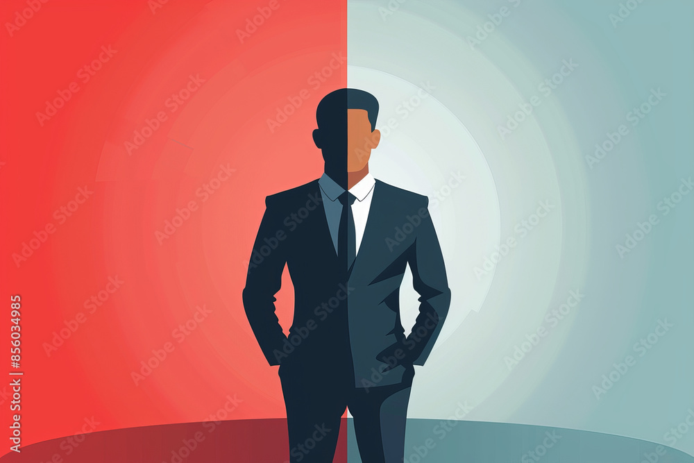 Illustration of a businessman in a suit standing confidently with a split red and blue background, representing decision making and duality. Illustration of a businessman in a suit standing confidently with a split red and blue background, representing decision making and duality.