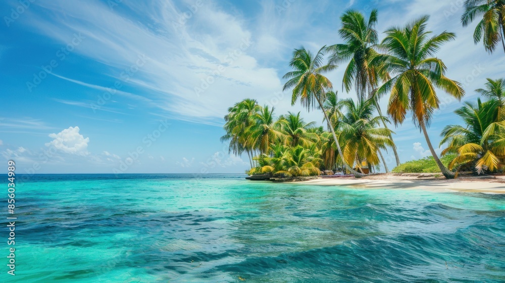 A stunning tropical island with palm trees swaying in the breeze and turquoise waters lapping at the shore. A stunning tropical island with palm trees swaying in the breeze and turquoise waters lapping at the shore.