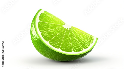 A single wedge of a fresh green lime. The lime is cut into a wedge shape, with the peel still attached.