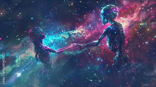 A beautiful woman and a skeleton of a man, traveling in space, are surrounded by neon lights and stars that reveal the mysteries of the universe.