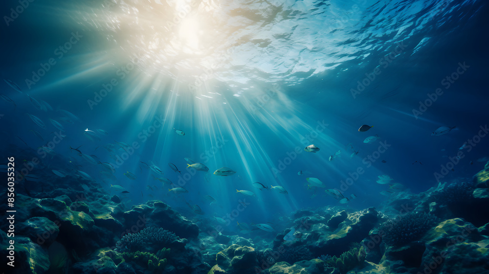 Fototapeta premium Dark blue ocean surface seen from underwater