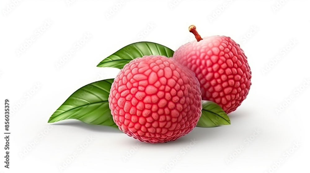 Two lychee fruits with green leaves isolated on white background. The lychee is a tropical fruit that is native to China. Two lychee fruits with green leaves isolated on white background. The lychee is a tropical fruit that is native to China.
