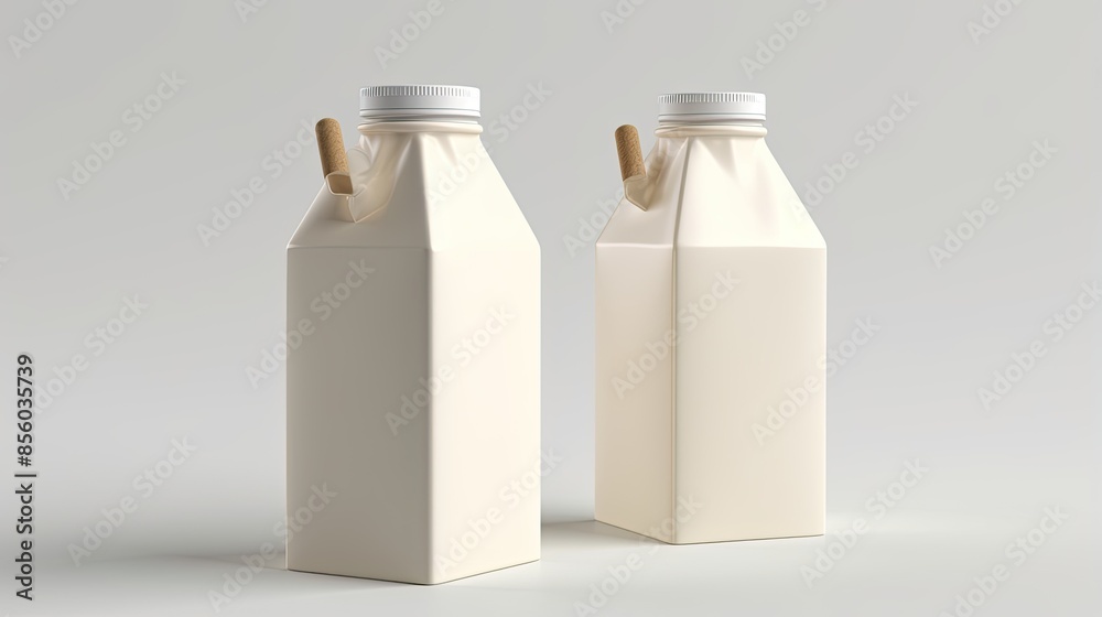 Two generic milk cartons with white caps and brown paper straws on a solid white background. Two generic milk cartons with white caps and brown paper straws on a solid white background.