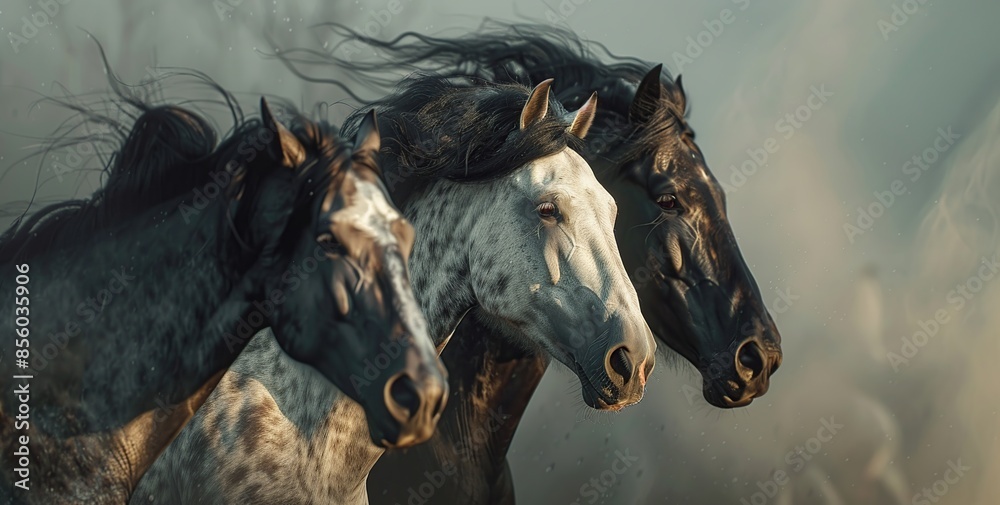 Close up Three Andalusian horses in the wind, one white and grey with a black mane, the second dark brown with black hair. Close up Three Andalusian horses in the wind, one white and grey with a black mane, the second dark brown with black hair.