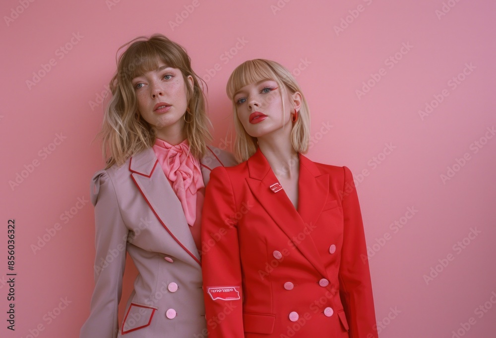 Stylish Young Women in Chic Red and Beige Suits Against Pink Background Stylish Young Women in Chic Red and Beige Suits Against Pink Background