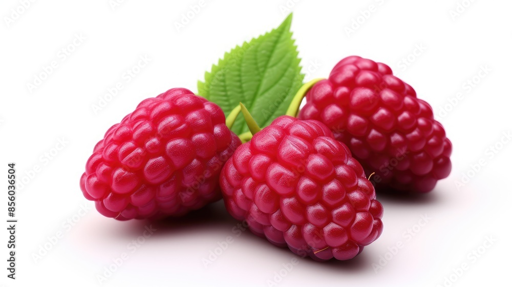 A close-up image of a cluster of ripe red raspberries with green leaves on a white background. A close-up image of a cluster of ripe red raspberries with green leaves on a white background.