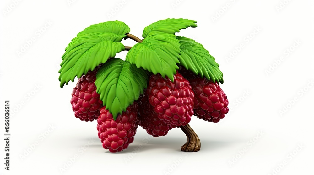 A close-up image of a bunch of red raspberries on a branch with green leaves. A close-up image of a bunch of red raspberries on a branch with green leaves.