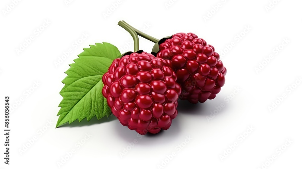Two ripe and juicy red raspberries isolated on white background. The raspberries are attached to a green stem with green leaves. Two ripe and juicy red raspberries isolated on white background. The raspberries are attached to a green stem with green leaves.