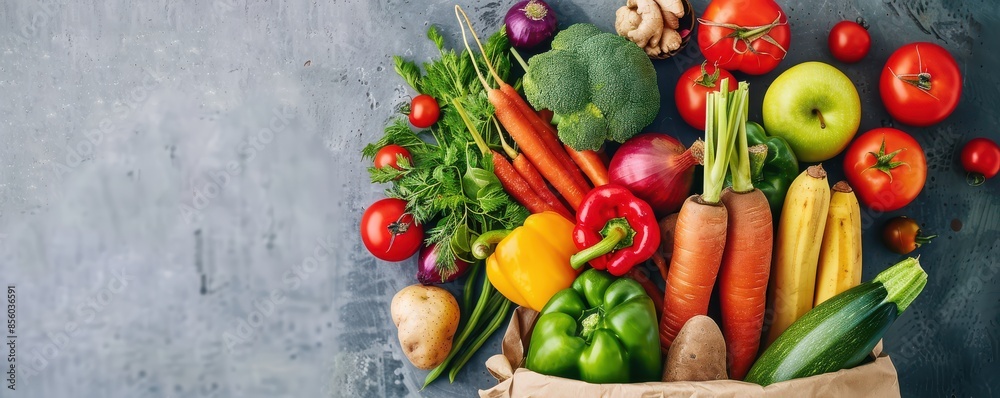 A bag of vegetables including apples, broccoli, carrots, and tomatoes. The bag is on a grey surface. Free copy space for text. A bag of vegetables including apples, broccoli, carrots, and tomatoes. The bag is on a grey surface. Free copy space for text.