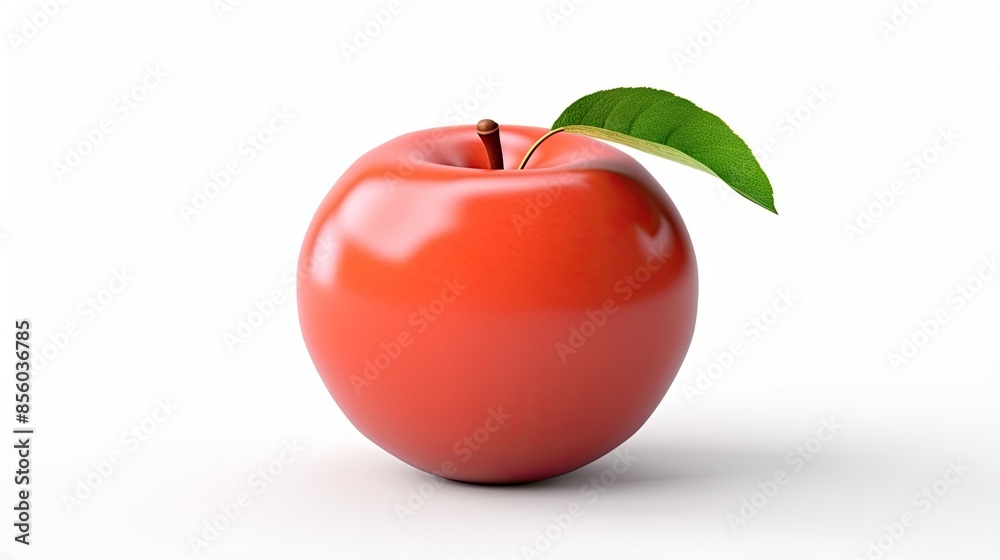 A photo of a red apple with a green leaf. The apple is sitting on a white table. The apple is smooth and shiny. A photo of a red apple with a green leaf. The apple is sitting on a white table. The apple is smooth and shiny.
