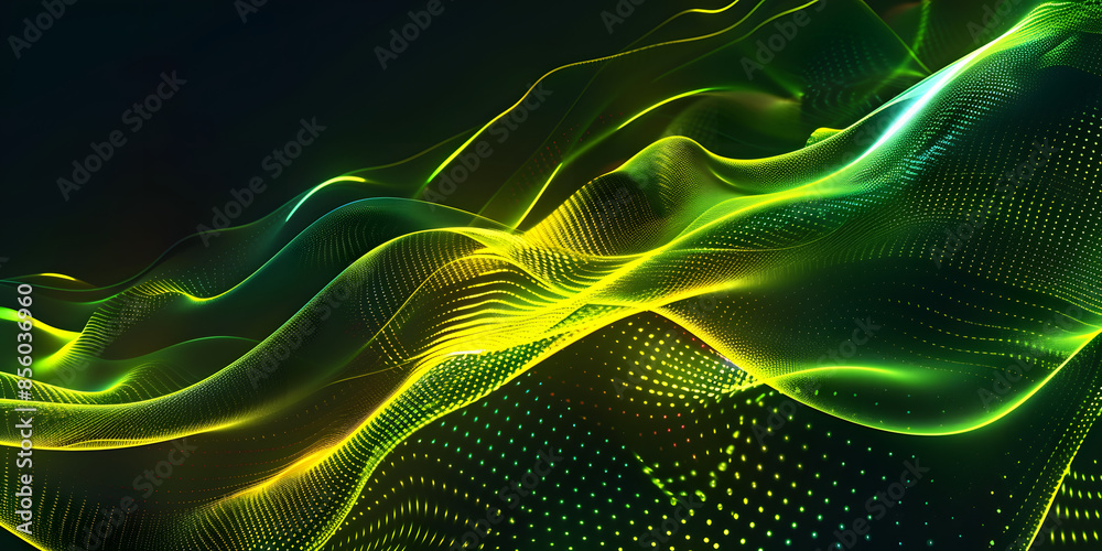 Obraz premium Dynamic background with green and yellow glowing neon wave patterns, providing an energetic and vibrant feel, suitable for sports equipment or futuristic fashion