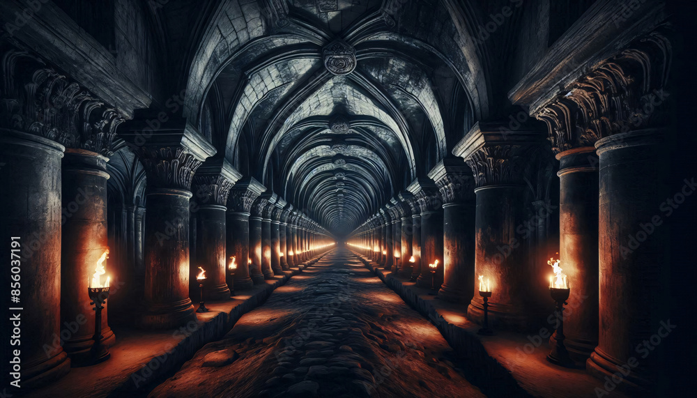 Obraz premium Mystischer, dunkler Untergrund Tunnel, Gewölbe mit Lampen