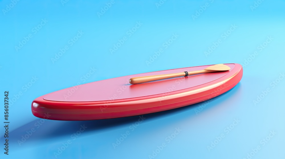 Red surfboard with wooden paddle isolated on blue background. 3d rendering. Red surfboard with wooden paddle isolated on blue background. 3d rendering.