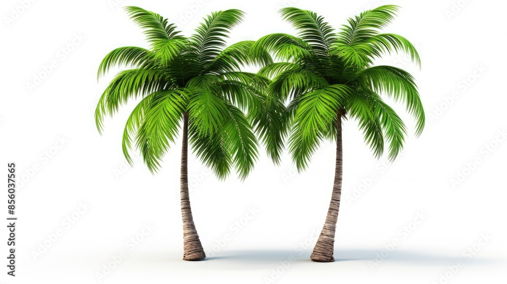 Obraz premium Two beautiful palm trees with green leaves isolated on white background.