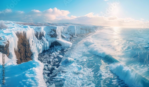 A serene coastal winter scene where waves crash against icy cliffs, and snow covers the rocky shoreline under a bright winter sun