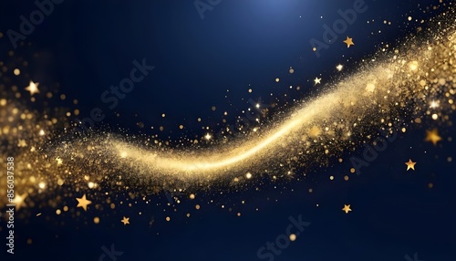 Elegant Gold Stars and Ribbon on Dark Blue Background with Sparkling Dust. 