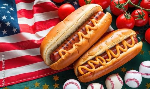 Hot dogs, American flag and baseballs in 4th Jul Independence Day