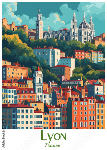 Obraz na płótnie Lyon France Poster Ilustration Travel Print Decor Gift Paper Canvas Wall Retro Art w salonie