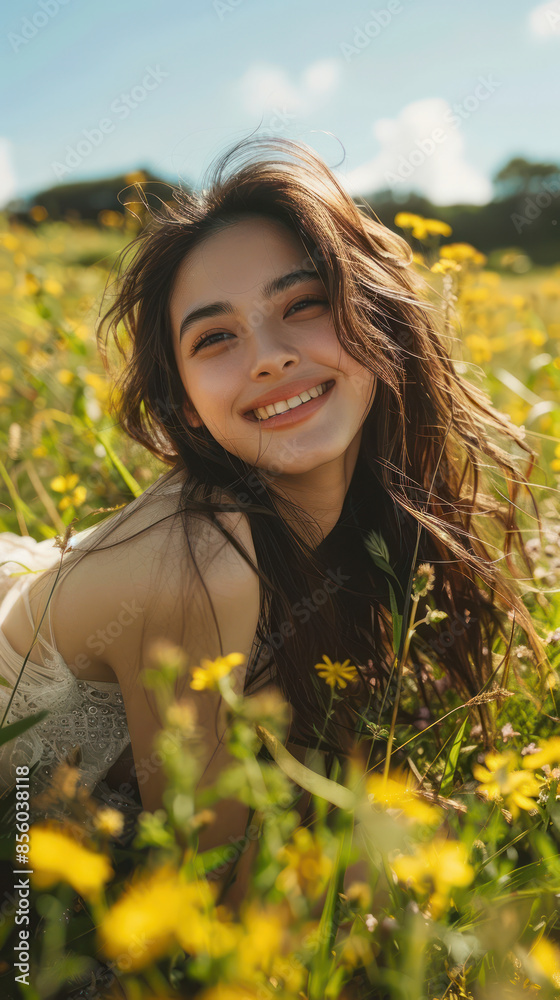 Beautiful Young Woman Smiling in a Field of Yellow Flowers Under a Clear Blue Sky Radiant Joy and Natural Beauty Captured in Stunning Outdoor Photography on a Sunny Day Beautiful Young Woman Smiling in a Field of Yellow Flowers Under a Clear Blue Sky Radiant Joy and Natural Beauty Captured in Stunning Outdoor Photography on a Sunny Day