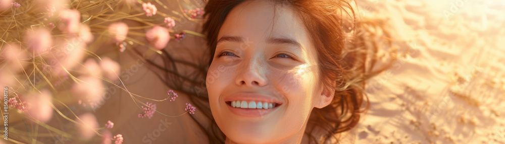 Bright Sunlit Day Happy Woman Smiling and Lying on the Beach with Flowers Around Her, Embracing Warmth and Relaxation in a Beautiful Outdoor Setting Under the Golden Rays of the Sun Bright Sunlit Day Happy Woman Smiling and Lying on the Beach with Flowers Around Her, Embracing Warmth and Relaxation in a Beautiful Outdoor Setting Under the Golden Rays of the Sun