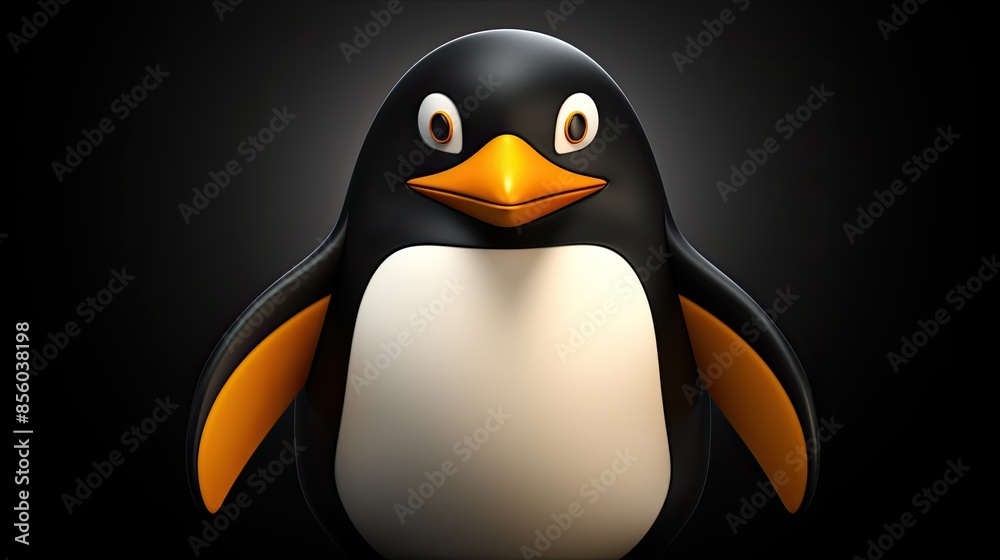 Fototapeta premium 3D illustration of a cute penguin with bright orange beak and feet. It has a friendly expression on its face and is looking at the viewer.