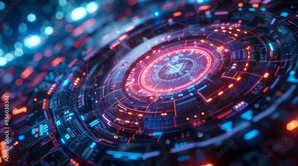 Futuristic hologram with advanced technology and glowing elements, set in a high-tech environment