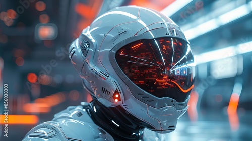 Futuristic helmet with sleek design and advanced technology, set against a sci-fi backdrop © Nawarit