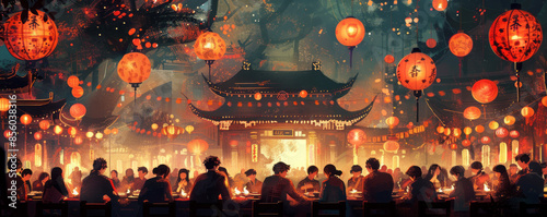 Wallpaper Mural A traditional Chinese New Year celebration with red lanterns, firecrackers, and families gathered for a feast. Torontodigital.ca