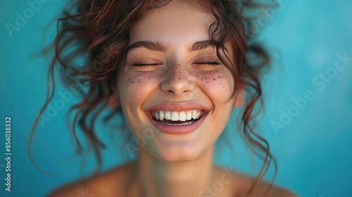 woman with freckles smiling and looking at the camera