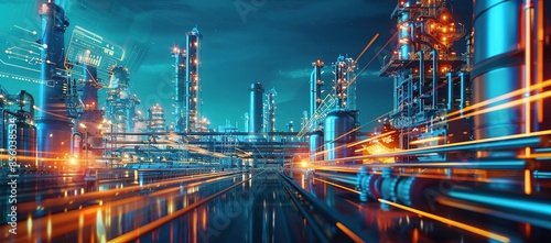 A modern oil and gas plant with digital holographic elements in the background. Futuristic industry concept. photo