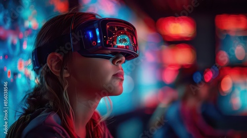 young girl wearing a virtual reality headset in a gaming room © LUPACO C