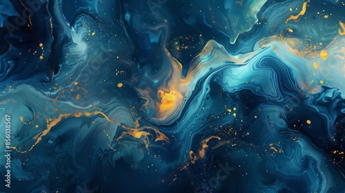 Abstract background, blue gold color ink swirl. © Passtudio