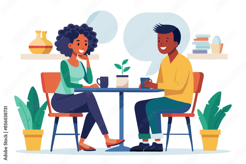 Happy black couple enjoying a fun conversation at a cafe white background modern flat design simple vector illustration isolated transparent background Happy black couple enjoying a fun conversation at a cafe white background modern flat design simple vector illustration isolated transparent background