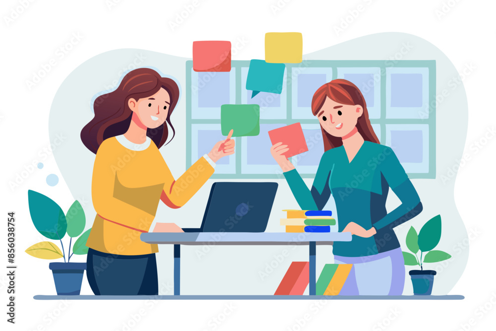 Two young businesswomen brainstorming using adhesive notes in an office white background modern flat design simple vector illustration isolated transparent background; Two young businesswomen brainstorming using adhesive notes in an office white background modern flat design simple vector illustration isolated transparent background;