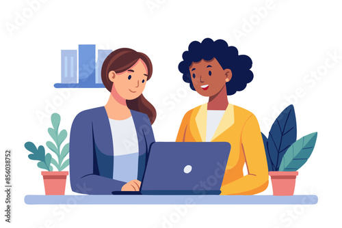 Two professional women collaborating happily over laptop in modern office white background modern flat design simple vector illustration isolated transparent background;