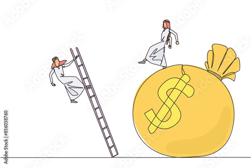 Single continuous line drawing Arab businessman kicks opponent who climbs the money bag with a ladder. Cheated by a business partner. Unprofitable business. Rival. One line design vector illustration