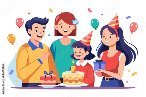 Family celebration with cake and laughter at home white background modern flat design simple vector illustration isolated transparent background