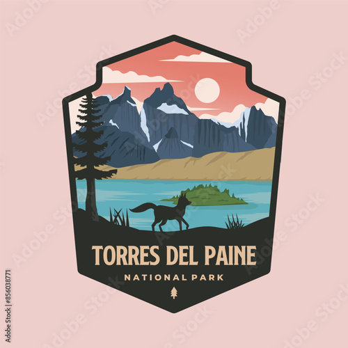 torres del paine national park emblem patch logo vector illustration design, Chile's Patagonia landmark emblem design