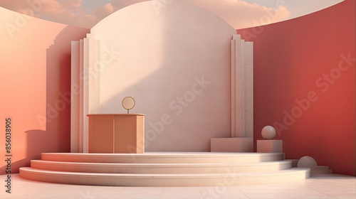 3d rendering of a beauty salon interior with a large mirror, podium, and pink walls. The scene is lit by a soft pink light.