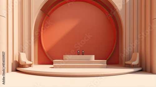 3D rendering of a stage with a podium, illuminated by a large circular spotlight. There are two chairs placed in front of the stage.