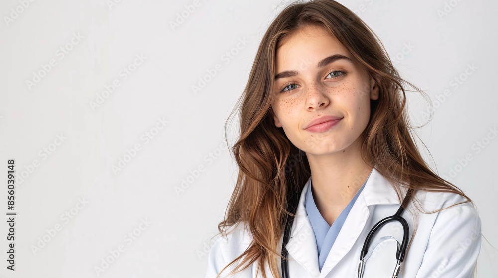 Female doctor portrait isolated on white background, Young woman with stethoscope Female doctor portrait isolated on white background, Young woman with stethoscope