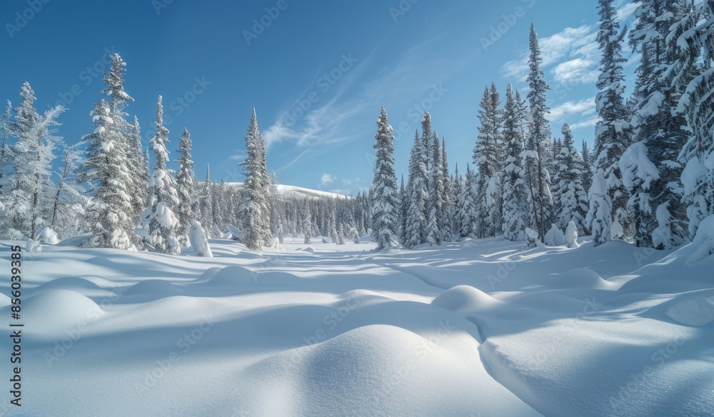 A serene snow-covered forest with tall pine trees, a blanket of fresh snow, and a clear blue sky A serene snow-covered forest with tall pine trees, a blanket of fresh snow, and a clear blue sky