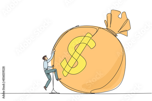 Continuous one line drawing businessman climbing money bag with rope. Work harder to get a very large retirement fund. Bring out abilities to the maximum Single line draw design vector illustration